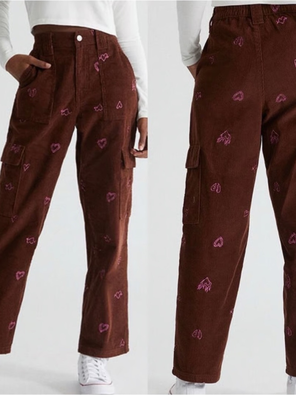 PacSun Brown Corduroy Wide-Leg Cargo Pants with Pink Heart Embroidery